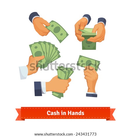 Hand poses counting, giving, taking, squeezing and showing green cash. Flat style illustration. 