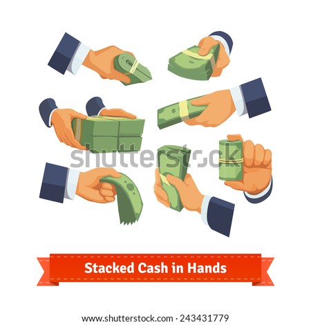 Hand poses giving, taking or showing green cash stacks with ribbon and rubber bands. Flat style illustration. 