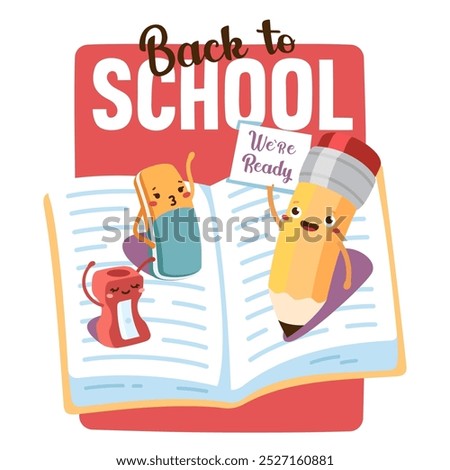 Back to school lettering with animated supplies. Exercise book, pencil, eraser, sharpener cartoon characters background. Education, learning, study concept card poster flat vector illustration