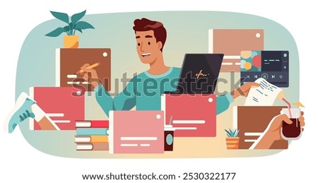 Multitasking person using many apps on computer. Man working, note taking, chatting, studying using multiple software applications on laptop. Online communication technology concept illustration