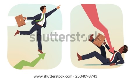 Business Success and Failure: Professional Rising on Growth Arrow, Falling with Decline Arrow, Representing Career Ups, Downs, Market Trends, Financial Risks, Corporate Challenges Concept Illustration