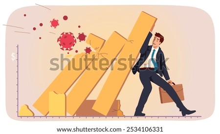 Businessman struggling to hold up a falling bar graph, representing economic crisis, financial loss, market collapse due to virus epidemic or pandemic. Corporate challenges concept illustration