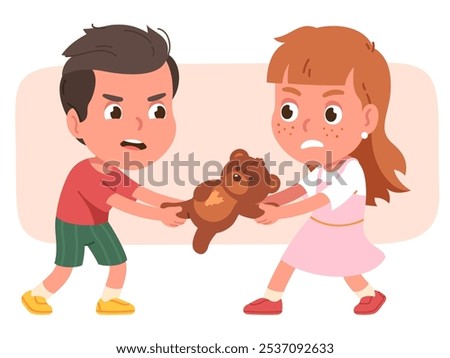 Two children fighting over toy, conflict, sibling rivalry, childhood disagreements. Relationship rivalry problem, quarrel. Angry brother, sister pulling apart teddy bear apart. Character illustration