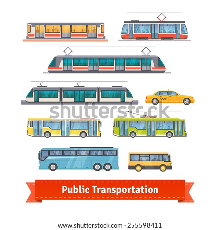 City and intercity transportation vehicles icon set. Trains, subway, buses and taxi. Flat style illustration or icon. EPS 10 vector.