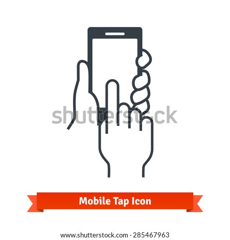 Hands holding, touching, tapping or scrolling black phone blank screen. Vector icon.