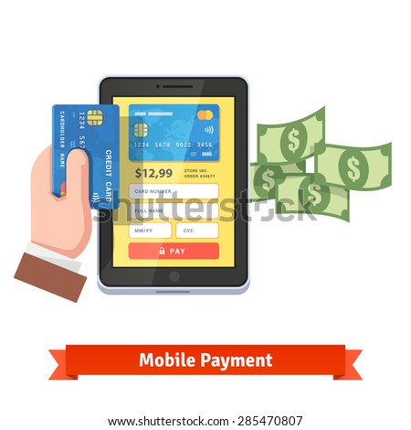 Mobile payment concept. Human hand holding credit card over tablet computer with flying dollars. Flat style vector icon.