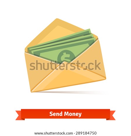 Some dollar bills in yellow paper envelope. Send money concept. Flat vector icon.