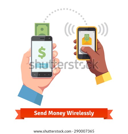 People sending and receiving money wireless with their mobile phones. Hands holding smart phones with banking payment apps. Flat style vector icons.