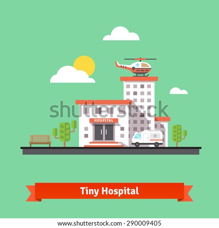 Hospital flat vector illustration. Clinic building with ambulance helicopter and car. Flat vector illustration.