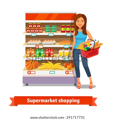 Young smiling woman standing near supermarket shelves with food groceries. Flat isolated vector illustration on white background.