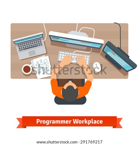 Software programmer typing code or debugging. Sitting at the desk, working on multiple displays. Top view flat vector illustration.