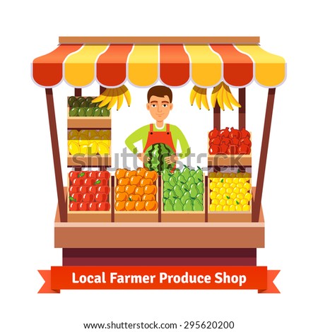 Local farmer produce shop keeper. Fruit and vegetables retail business owner working in his own store. Flat style illustration.