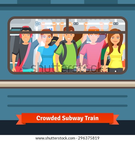 Crowded subway train. Young people standing close and holding to a hand rail. Flat style vector illustration.