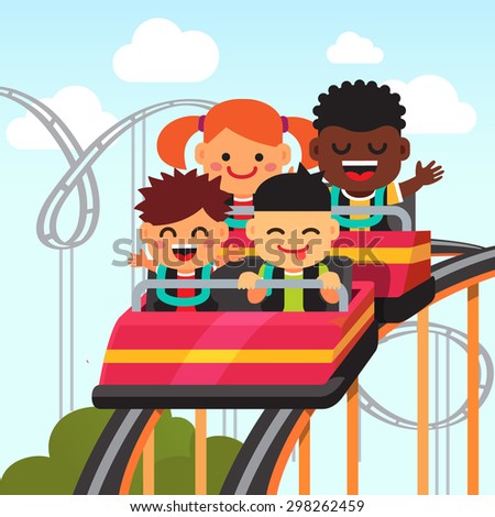 Group Of Excited, Smiling And Screaming Kids Riding Roller Coaster ...