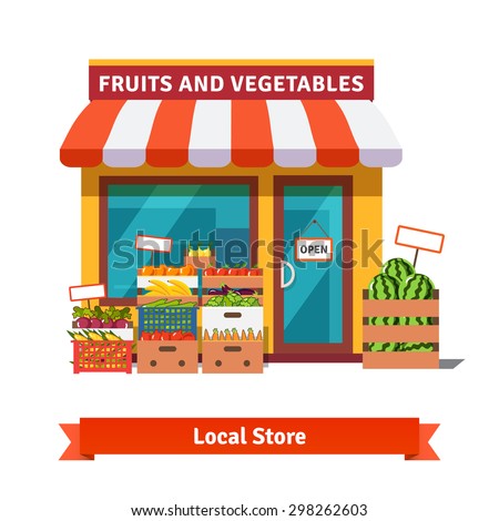 Local fruit and vegetables store building. Groceries crates in front of storefront. Flat isolated vector illustration on white background.