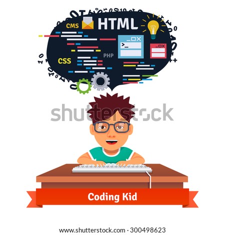 Kid is learning web design and coding. Software engineering for web. Flat style vector illustration isolated on white background.