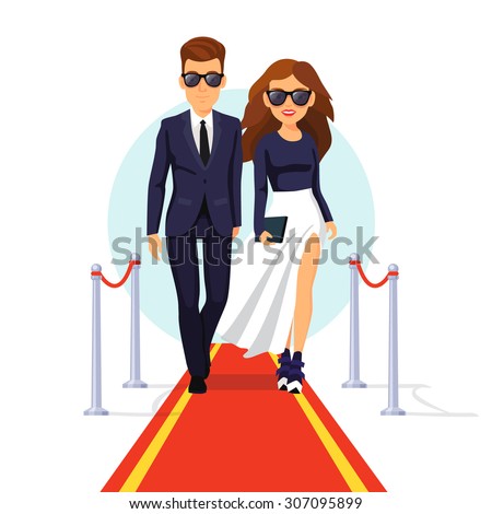 Two rich and beautiful celebrities walking on a red carpet. Flat style vector illustration isolated on white background.