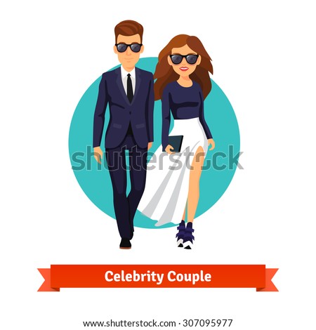 Man and woman stylish hollywood stars walking together. Flat style vector illustration isolated on white background.