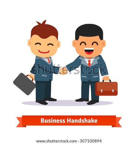 Two business people shaking hands. Happy smiling businessman in suit and with briefcase. Deal closing concept. Flat style cartoon vector illustration isolated on white background.