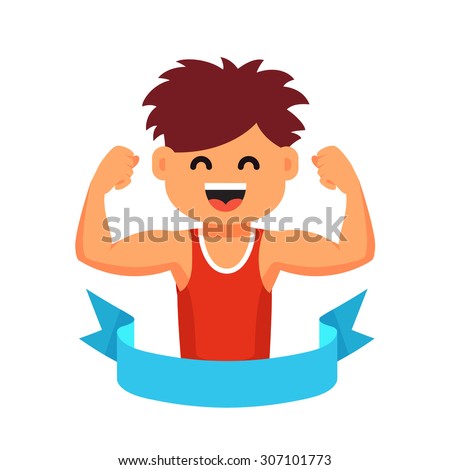 Strong athletic looking kid showing his biceps muscles in a blue winner ribbon. Sportsman children healthy lifestyle concept. Flat style cartoon vector illustration isolated on white background.