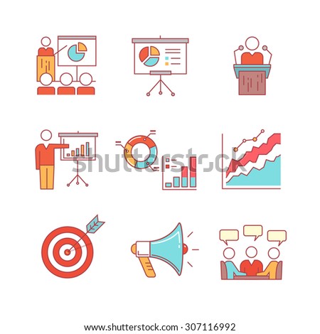 Business presentation, education, seminar, lecture, speech analytics and statistics thin line icons set. Modern flat style symbols isolated on white for infographics or web use.