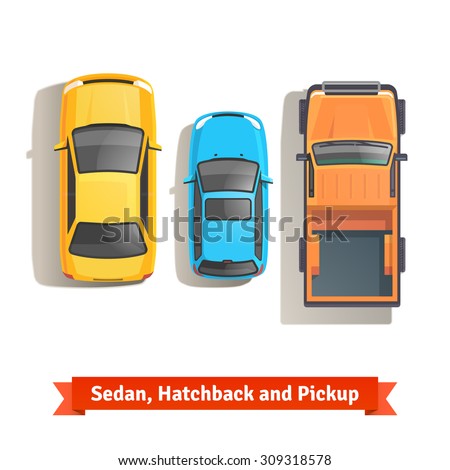Sedan, hatchback cars and pickup truck top view. Flat style vector illustration isolated on white background.
