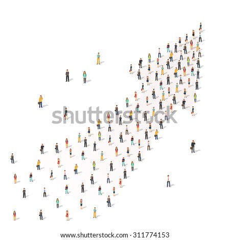 Large group of people cooperating in shape of an arrow. Flat style vector illustration isolated on white background.