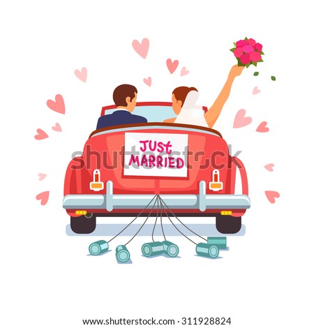Newlywed couple is driving a vintage convertible car for their honeymoon with just married sign and cans attached. Flat style vector illustration isolated on white background. Stock foto © 