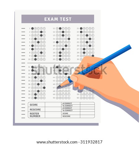 Student filling out answers to exam test answer sheet with pencil. Flat style vector illustration isolated on white background.