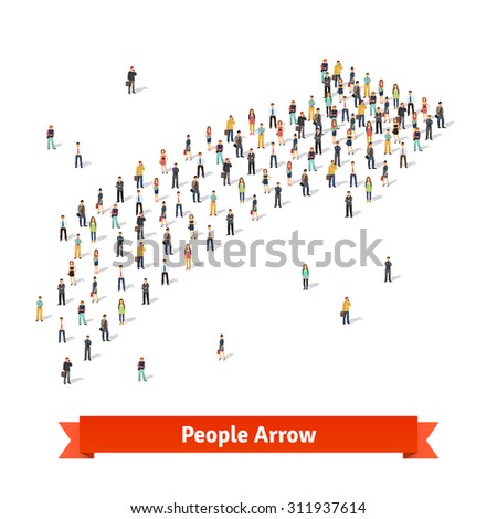 Large group of people standing together in shape of an arrow pointing at right direction. Flat style vector illustration isolated on white background.