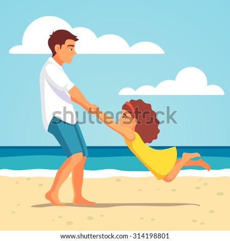 Father playing with his child daughter on the beach. Spinning her holding hands. Vector flat style isolated cartoon illustration.