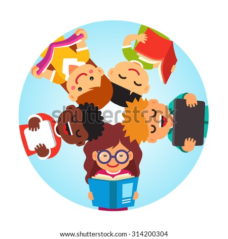 Kids reading laying on the back in circle head to head. Education together concept. Flat style vector cartoon illustration isolated on white background.