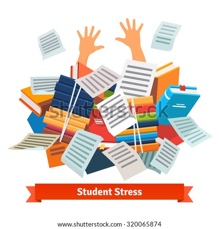 Student stress. Studying pupil buried under a pile of books, textbooks and papers. Flat style vector illustration isolated on white background.