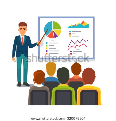 Businessman in suit and tie making presentation explaining charts on a white board. Business seminar. Flat style vector illustration isolated on white background.