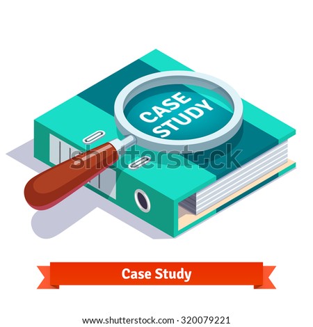Case study concept. Magnifying glass lying on big loose leaf document file binder. Flat style vector illustration isolated on white background.