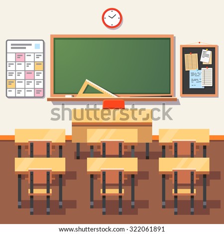 Empty School Classroom With Green Chalkboard, Teachers Desk, Pupils ...