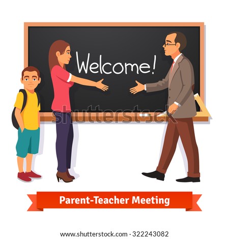 Teacher and parent meeting in classroom. Boy kid student with mother in school. Flat style vector illustration isolated on white background.