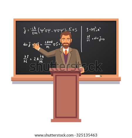 University professor standing at the rostrum in front of blackboard with formulas giving a lecture on quantum physics. Flat style vector illustration isolated on white background.