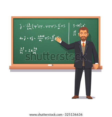 University professor standing in front of chalkboard with formulas giving a lecture on quantum physics. Flat style vector illustration isolated on white background.