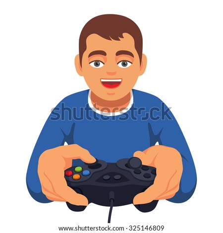 Teen boy gaming with gamepad controller. Closeup of joystick holding in hands. Flat style vector illustration isolated on white background.