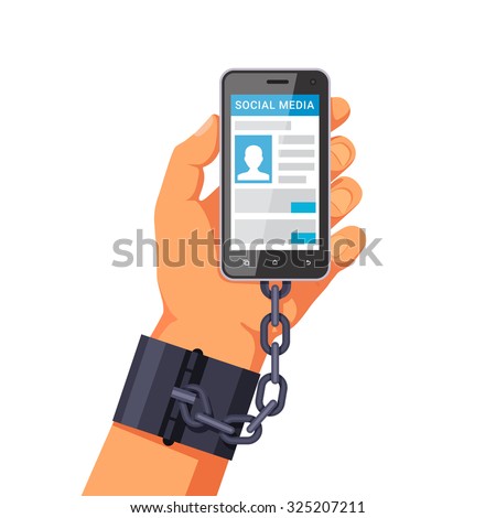 Modern phone internet and social networks addiction metaphor. Flat style vector concept illustration isolated on white background.