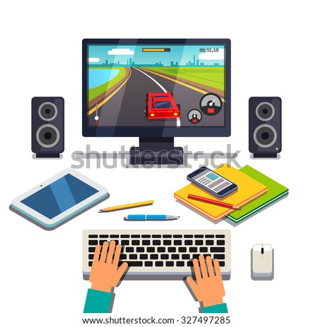 Student is gaming on a desktop computer pc. Tablet, cellphone and textbooks lying in front of player hands on the keyboard. Flat style vector illustration isolated on white background.