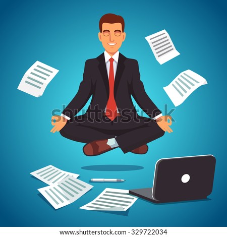 Young businessman executive in nice suit and red tie meditating and levitating in yoga position. Flat style vector illustration isolated on white background.