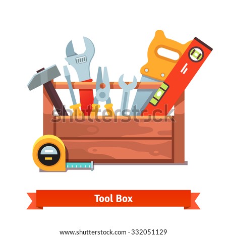 Wooden toolbox full of equipment. Flat style vector illustration isolated on white background.