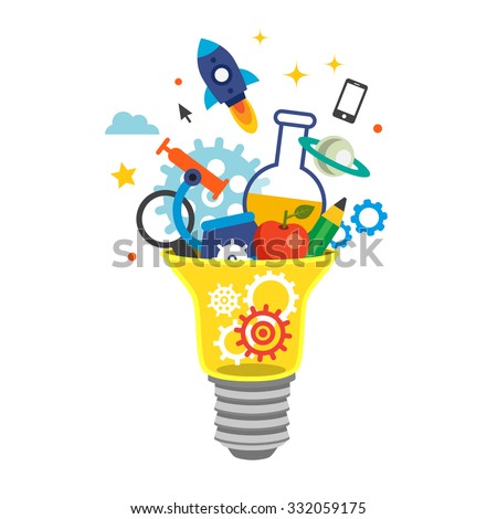 Light bulb bursting with cogs and ideas. Education concept. Flat style vector illustration isolated on white background.