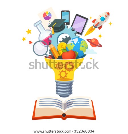 Light bulb with gears inside floating over big book bursting with new ideas. Education concept. Flat style vector illustration isolated on white background.