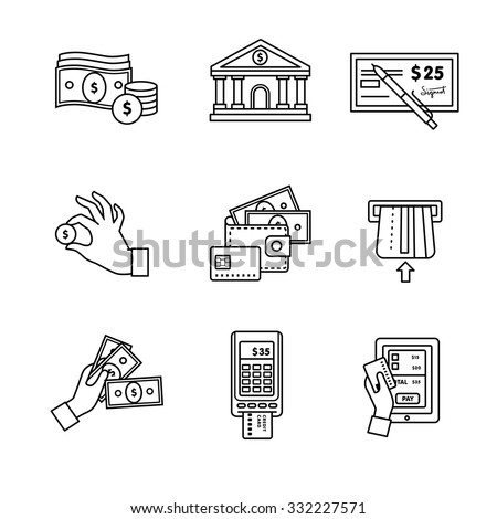 Banking icons thin line art set. Currency operations, bank building, check, wallet and credit card, paper cash and coins in hands, pos machine. Black vector symbols isolated on white.