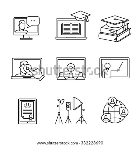 Online seminar icons thin line art set. Webinar education and development. Black vector symbols isolated on white.