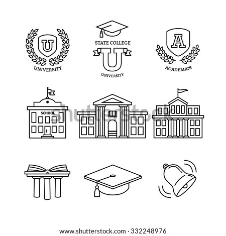 Mortar board, education, school, academy, college and university, library emblems and buildings. Thin line art icons set. Modern black symbols isolated on white for infographics or web use.