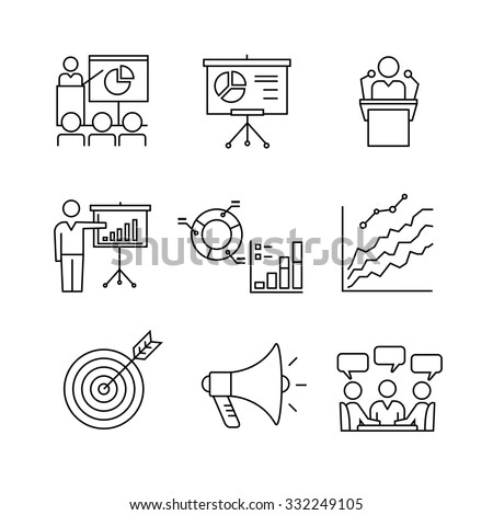 Business presentation, education, seminar, lecture, speech analytics and statistics thin line art icons set. Modern black symbols isolated on white for infographics or web use.